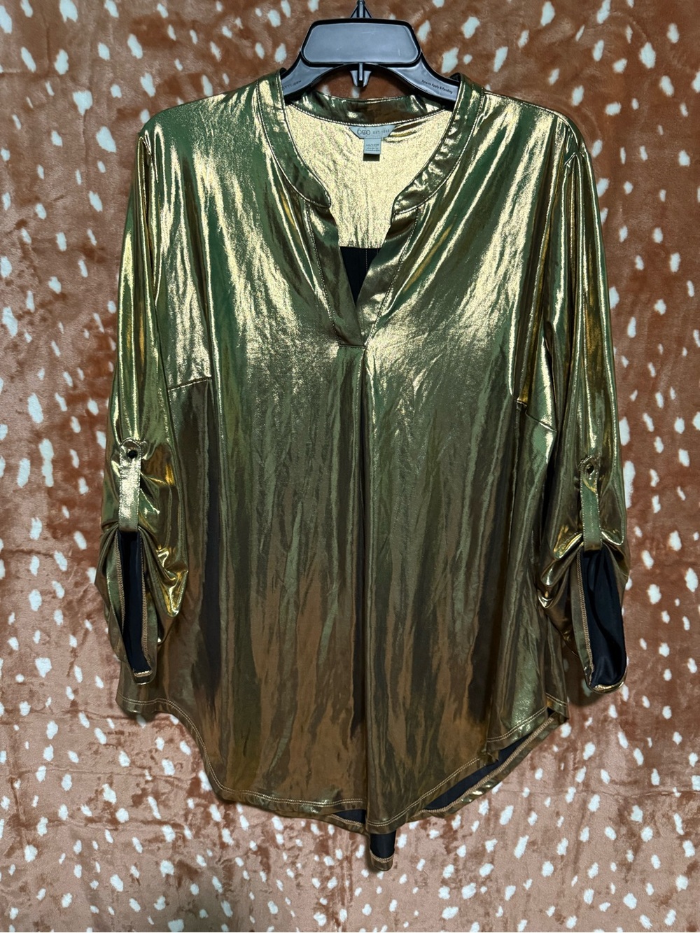 Cato Shimmering Gold V-Neck Roll-Tab Sleeve Tunic